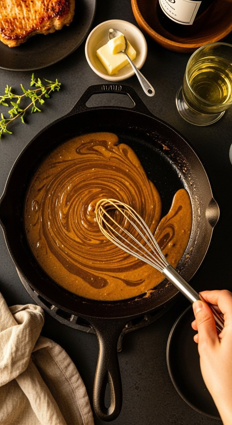 Whisking A Rich, Glossy Brown Pan Sauce In A Cast Iron Skillet, With Butter And White Wine Visible In The Background.