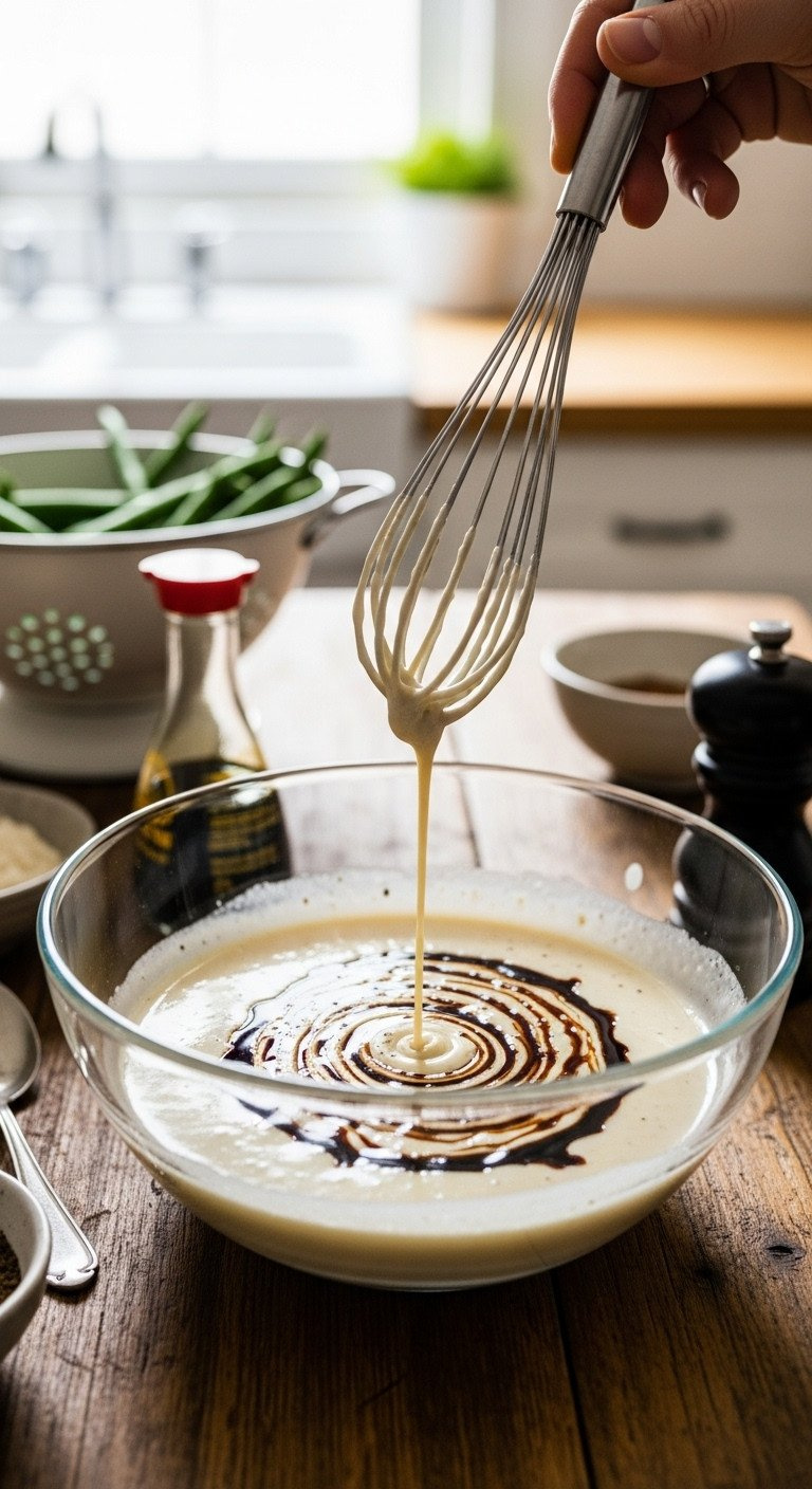 Whisking Creamy Mushroom Soup Base With Soy Sauce, Black Pepper In Glass Bowl On Rustic Wooden Table, Recipe Preparation.