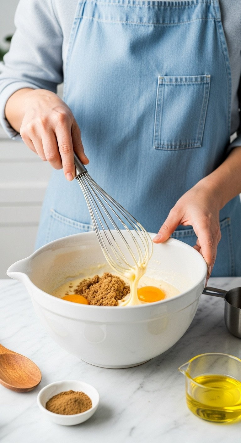 Whisking Eggs, Brown Sugar, Vanilla, And Oil In A White Ceramic Bowl On A Marble Counter. Wet Ingredients For Cake Batter.