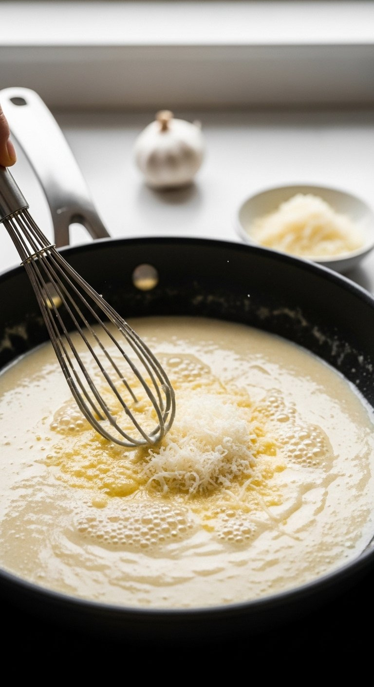 Whisking Grated Parmesan Cheese Into A Creamy Garlic Sauce Simmering In A Skillet.