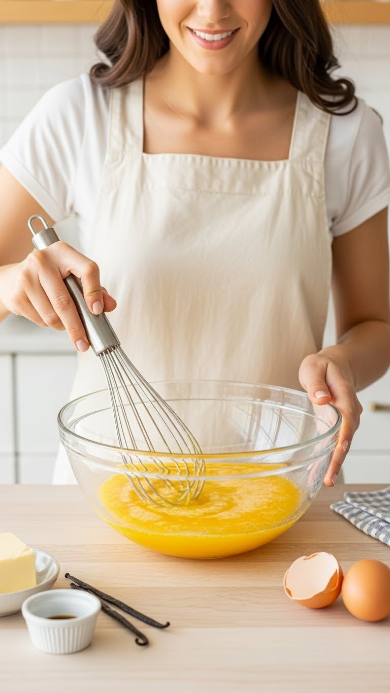 Whisking Wet Ingredients Including Melted Butter, Eggs And Vanilla Extract In Glass Mixing Bowl For Keto Zucchini Bread