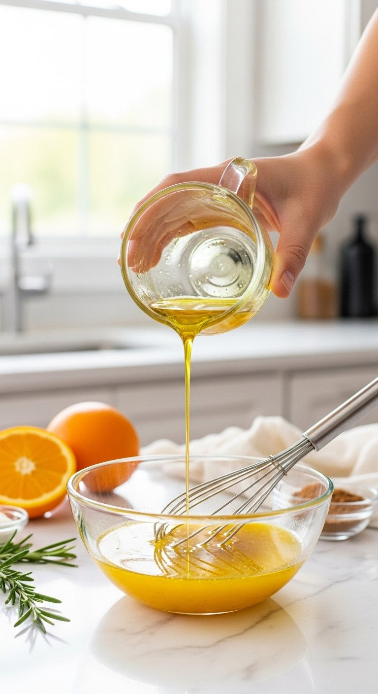 Whisking Zesty Citrus Vinaigrette, Golden Olive Oil, And Orange Juice In A Glass Bowl On Marble. Fresh Oranges, Rosemary Nearby.