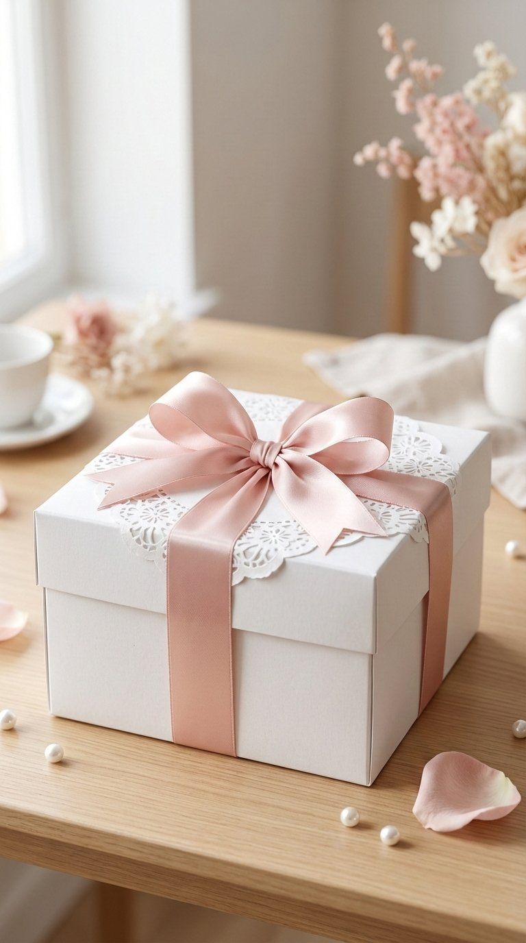 White Bakery Box Wrapped With Pink Satin Ribbon And Paper Doily On Wooden Table For Elegant Presentation.
