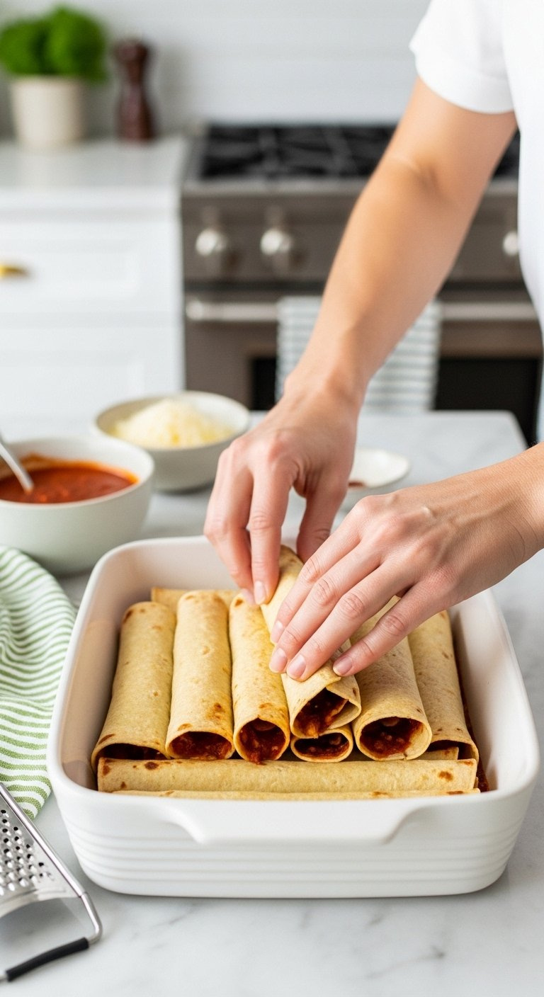White Baking Dish Being Filled With Neatly Rolled Enchiladas Arranged On A Marble Countertop.