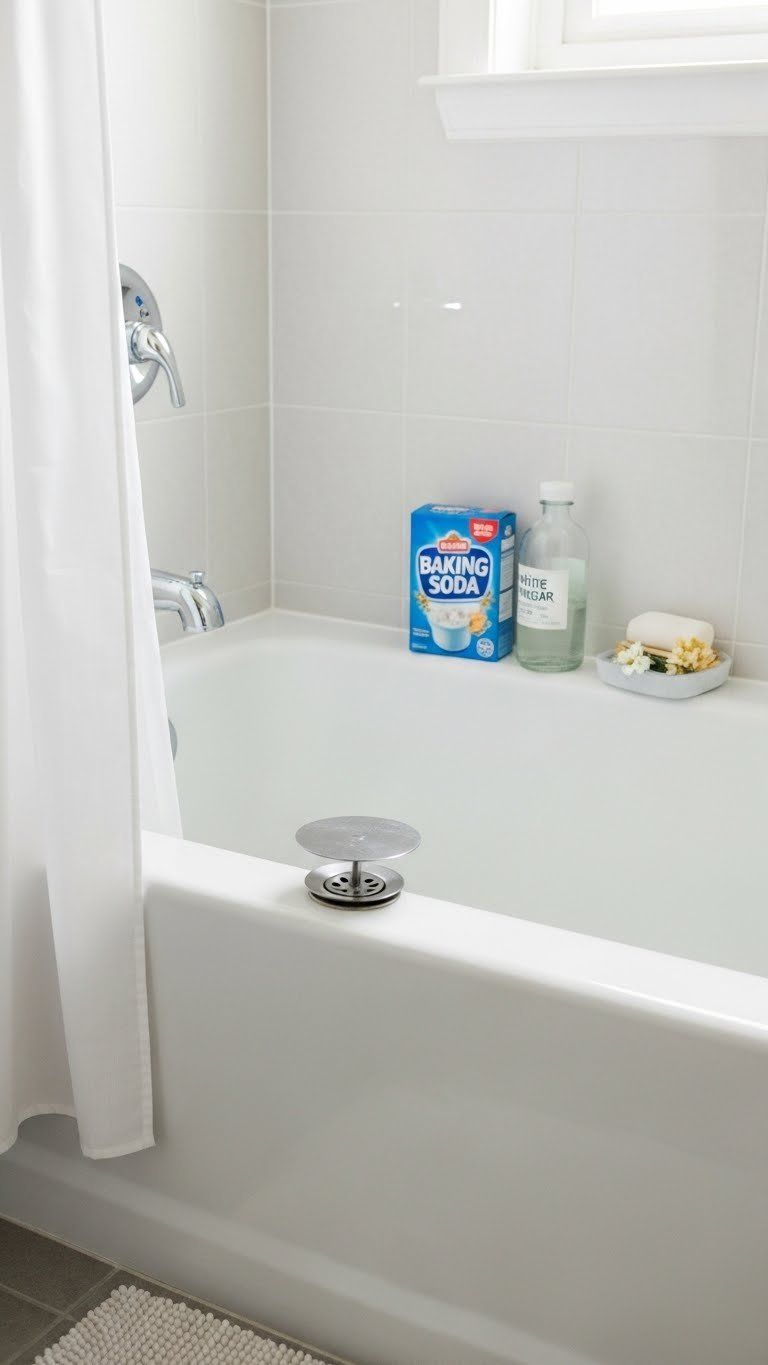 White Bathtub With Slow Drain And Baking Soda Vinegar Natural Cleaning Solution On Tub Edge