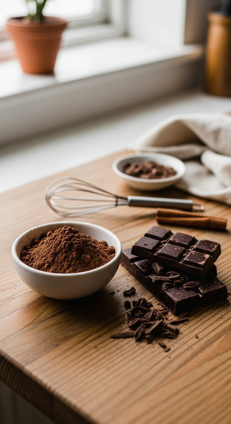 White Bowl Of Dutch-Process Cocoa Powder, Chopped 70% Dark Chocolate With Shavings, Whisk, Cinnamon Stick On Rustic Wood For Baking.