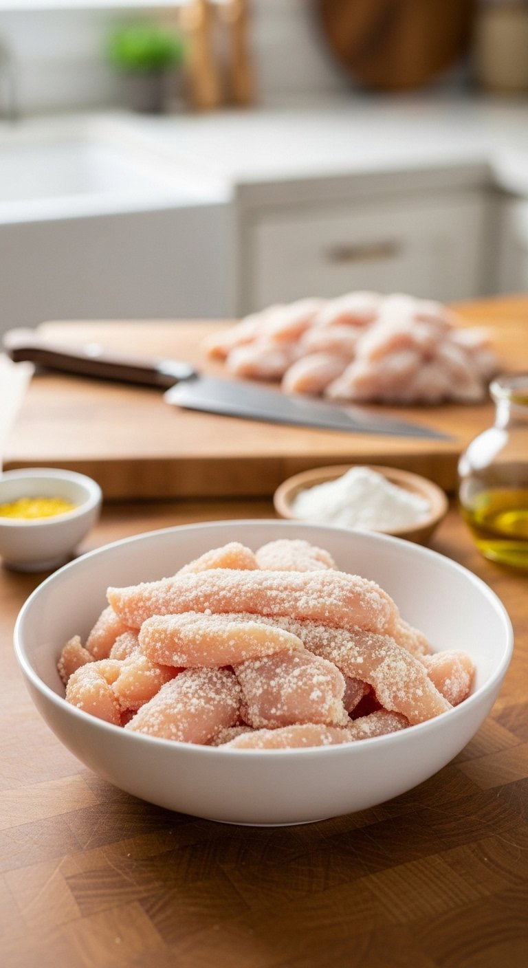 White Bowl Of Thinly Sliced, Cornstarch-Coated Raw Chicken Breast On A Butcher Block, With Cornstarch And Oil For Stir-Fry Preparation.