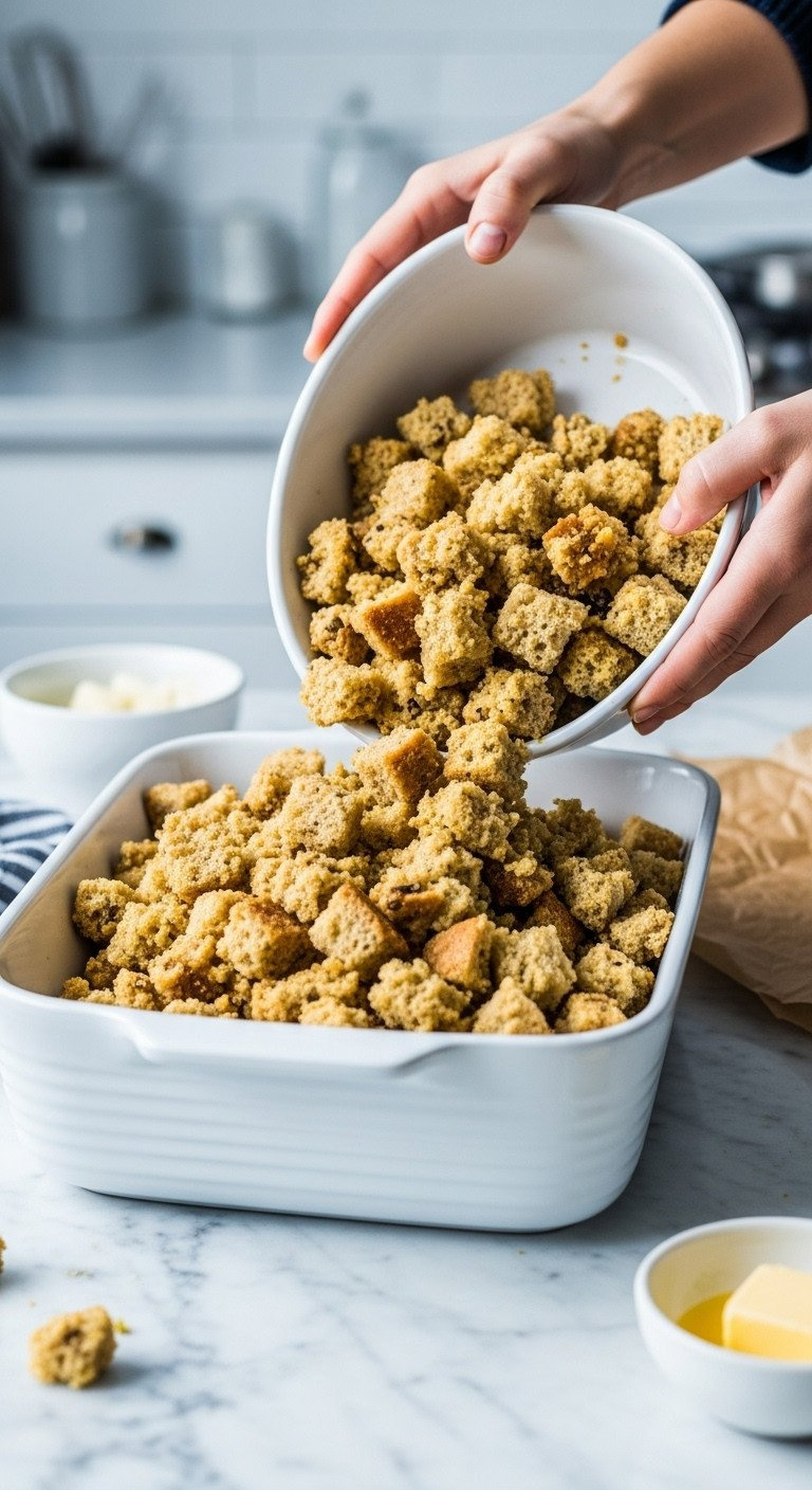 White Ceramic 9X13 Baking Dish Being Filled With Loose Gluten-Free Stuffing Mixture, Showing Bread Cubes And Vegetables, For A Recipe.