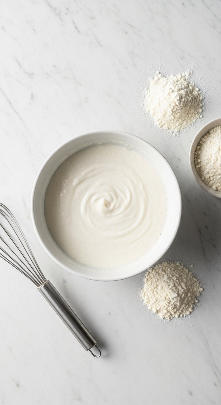 White Ceramic Bowl Filled With Korean Fried Chicken Batter Made Of Potato Starch And Flour On A Gray Marble Counter.