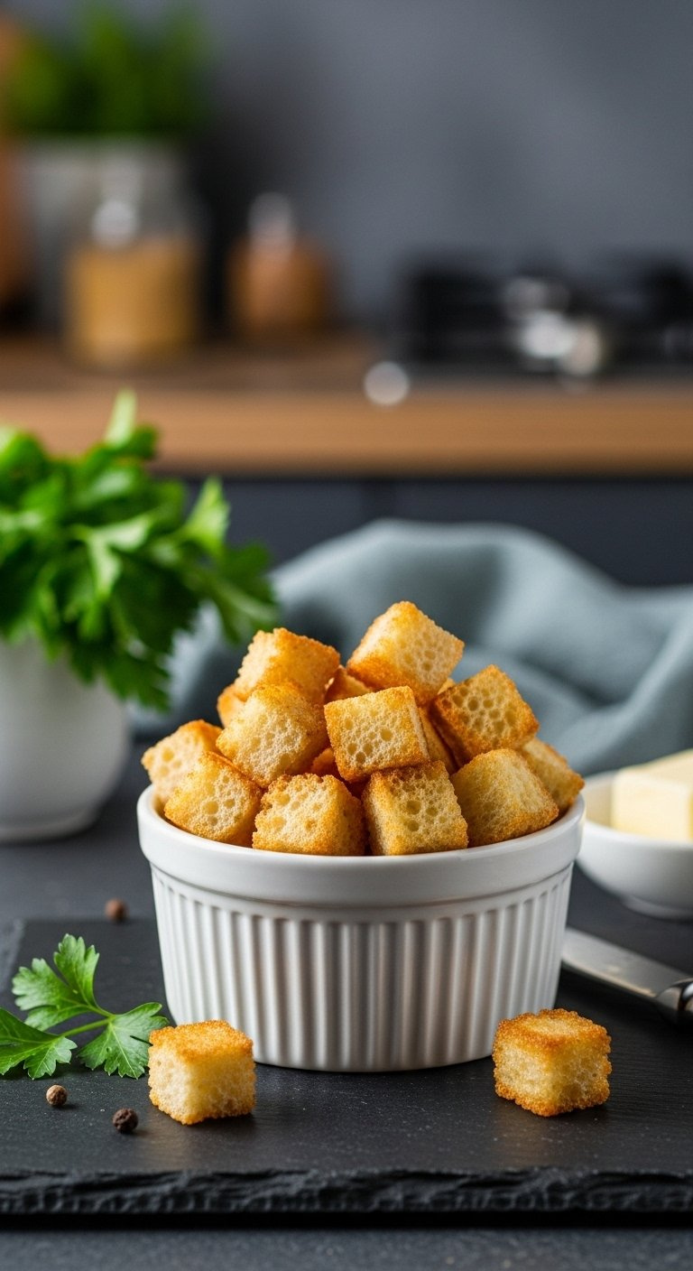 White Ceramic Bowl Filled With Golden-Brown Butter-Toasted Bread Cubes On A Dark Slate Surface.