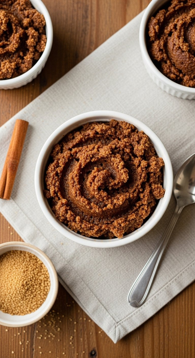 White Ceramic Bowl Filled With Rich Dark Brown Cinnamon Sugar Filling Sits On A Rustic Wooden Table With A Cinnamon Stick.