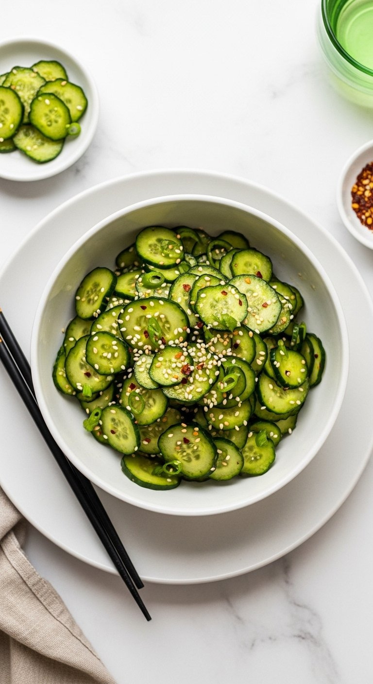 White Ceramic Bowl Filled With Thinly Sliced Vibrant Green Marinated Cucumber Salad With Sesame Seeds.