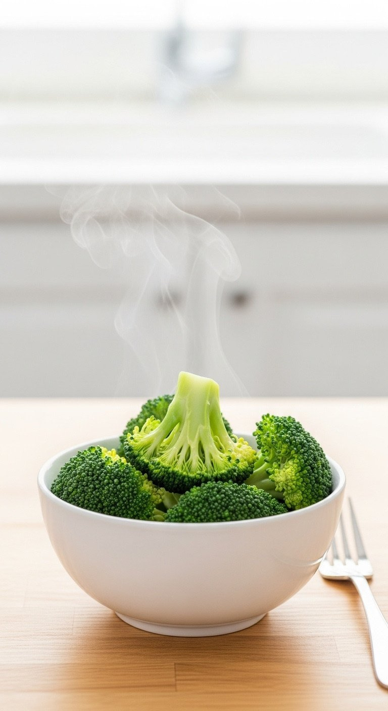 White Ceramic Bowl Of Bright Green Microwave-Steamed Broccoli With A Wisp Of Steam, Set On A Light Wood Surface With A Fork.