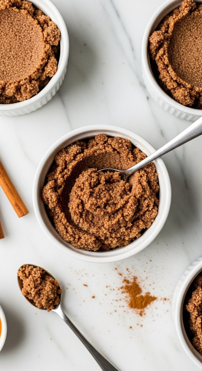 White Ceramic Bowl With Dark Brown Cinnamon Sugar Filling And Spoon On Marble Countertop.