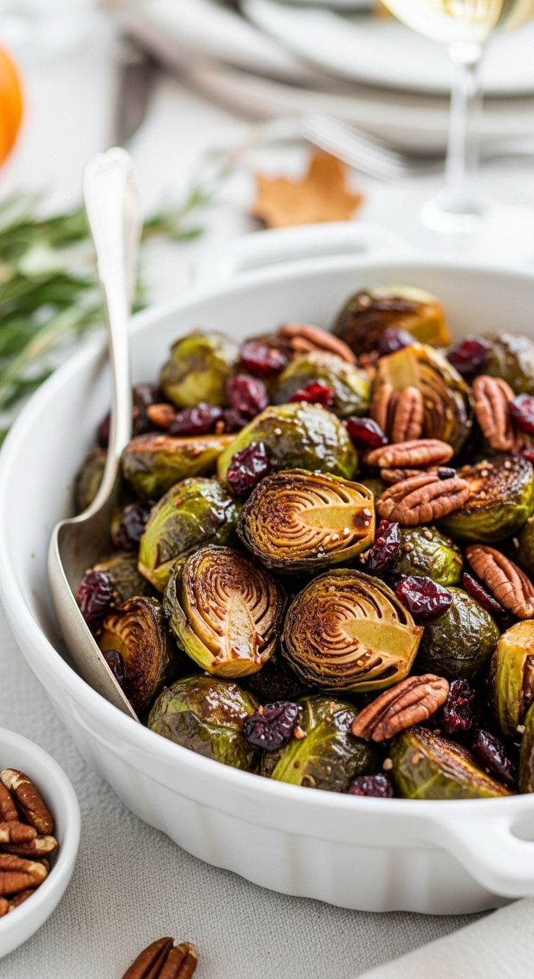 White Ceramic Dish Of Perfectly Roasted Brussels Sprouts With Maple Balsamic Glaze Crispy Leaves Pecans And Cranberries
