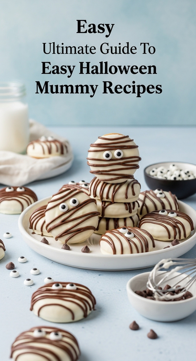 White Chocolate Nutter Butter Mummy Cookies With Candy Eyes And Chocolate Drizzle, On A White Platter With Extra Candy Eyes.