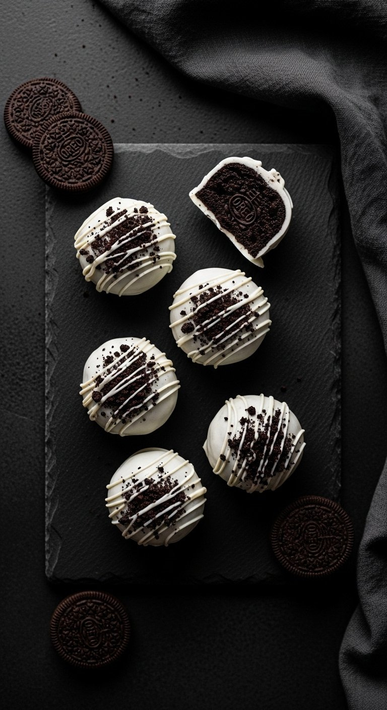 White Chocolate Oreo Truffle Pop Topped With Black Crumbs On A Dark Slate Surface.