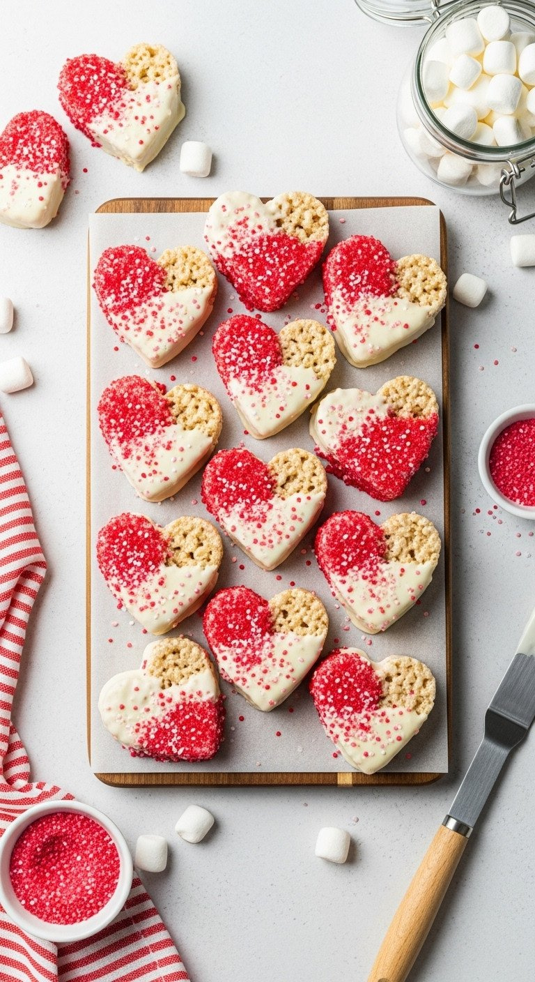 White Chocolate Dipped Rice Krispie Treat Hearts With Vibrant Red Sanding Sugar, Arranged On A Wooden Board.