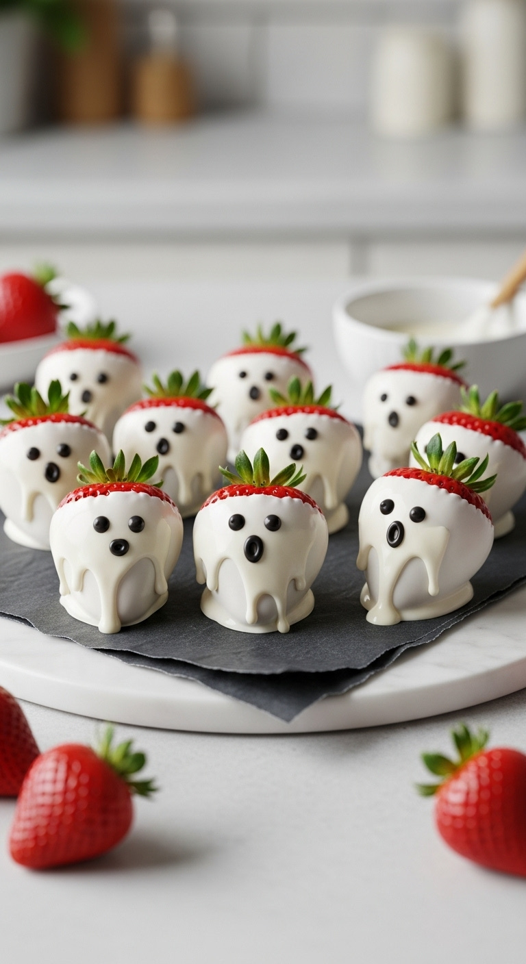 White Chocolate Dipped Strawberry Ghosts With Black Icing Faces On A Marble Platter In A Kitchen