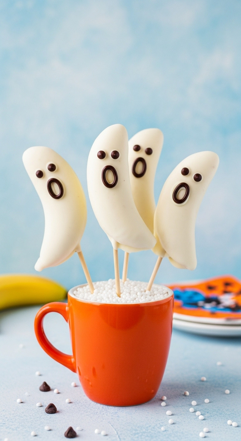 White Chocolate Ghost Banana Pops With Chocolate Eyes, In An Orange Cup With Sprinkles. Fun Halloween Party Treat.