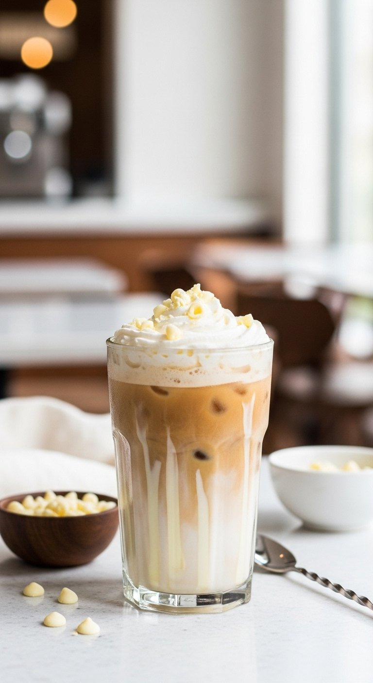 White Chocolate Iced Latte With Whipped Cream White Chocolate Curls And Ice.