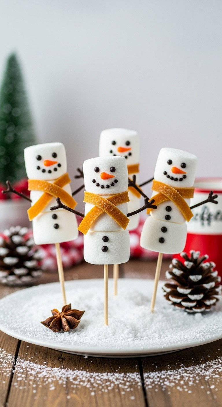 White Chocolate Marshmallow Snowmen On Skewers, Candy Faces, Fruit Leather Scarves, On Powdered Sugar 'Snow' Platter.