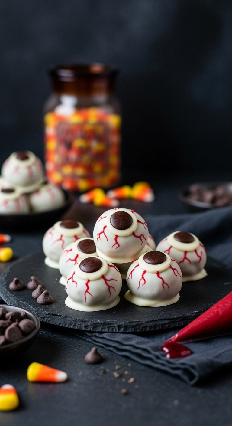 White Chocolate Peanut Butter Eyeballs With Red Veins, Chocolate Pupils On Dark Slate. Blurred Apothecary, Candy Corn. Spooky Dessert.