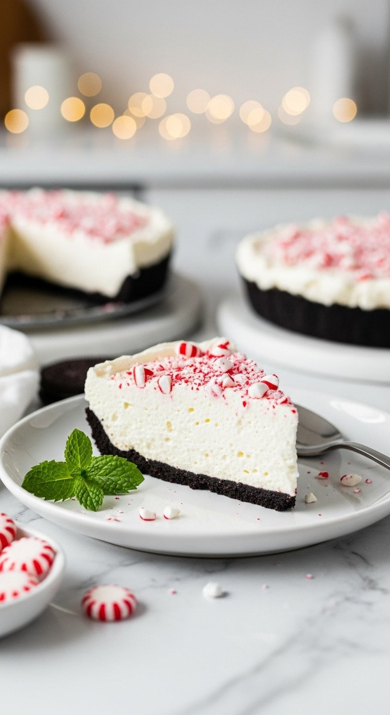 White Chocolate Peppermint Pie Slice: Fluffy White Filling, Oreo Crust, Peppermint, Chocolate Shavings. Festive Dessert.