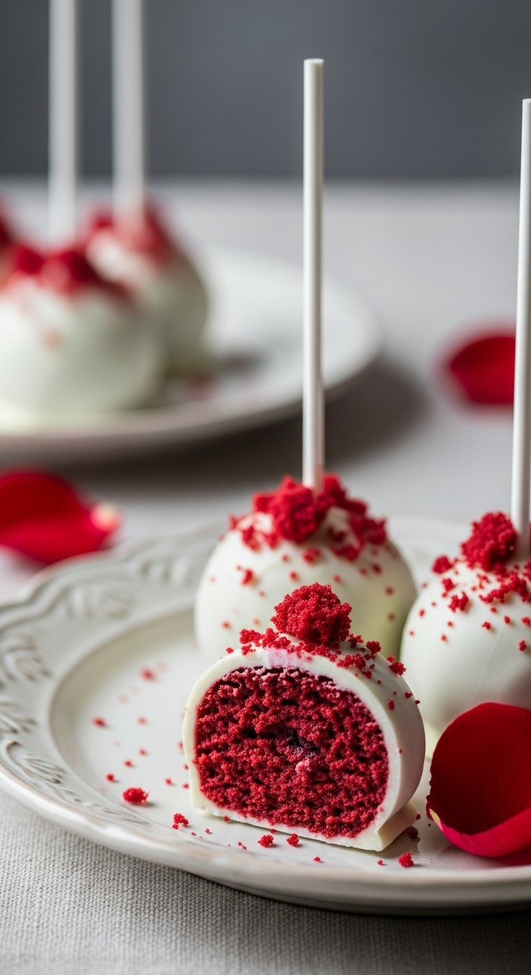 White Chocolate Red Velvet Cake Pop Topped With Red Cake Crumble On A Vintage Ceramic Plate.
