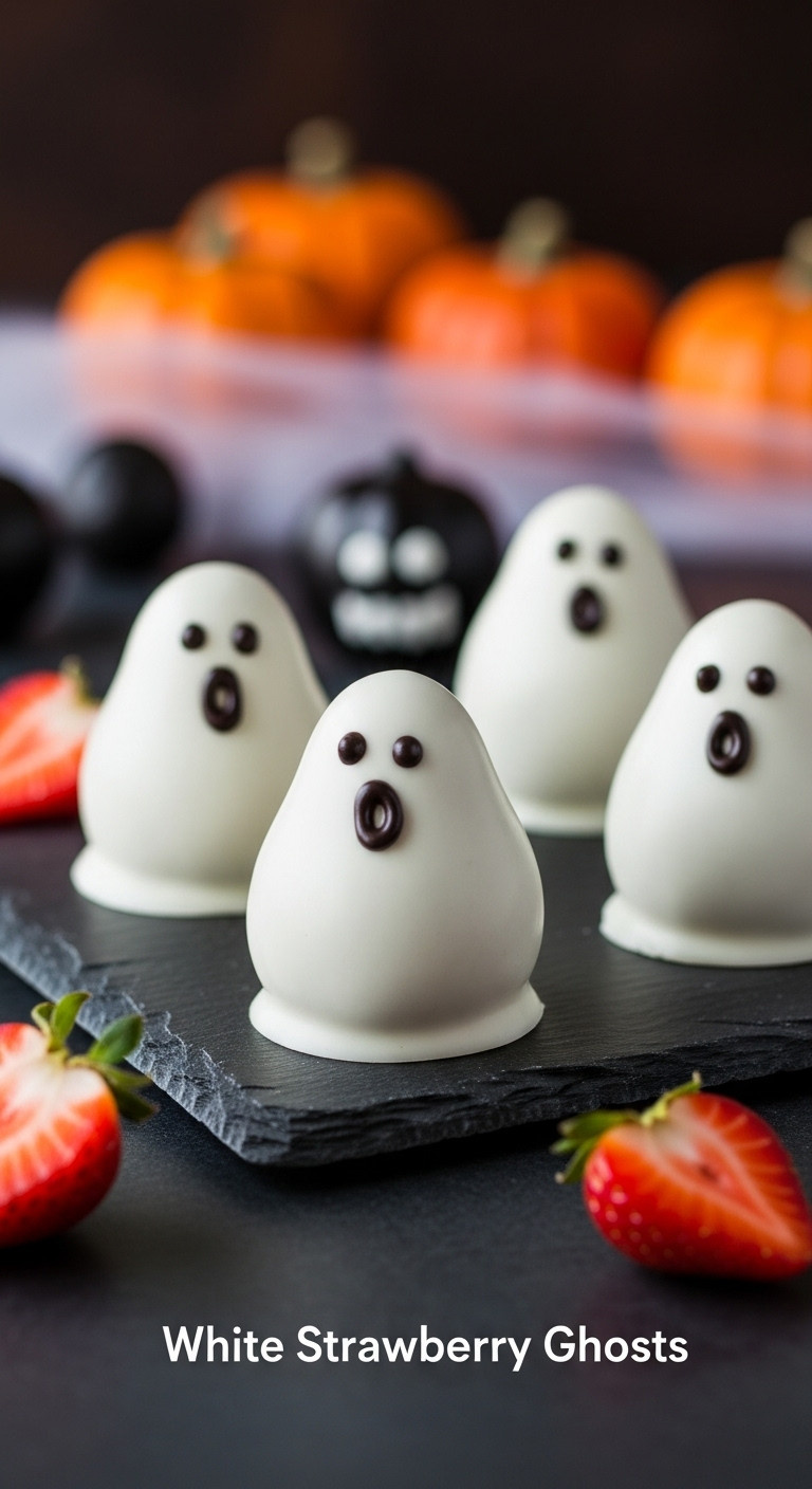 White Chocolate Strawberry Ghosts With Black Icing Faces On Dark Slate With Blurred Halloween Decorations