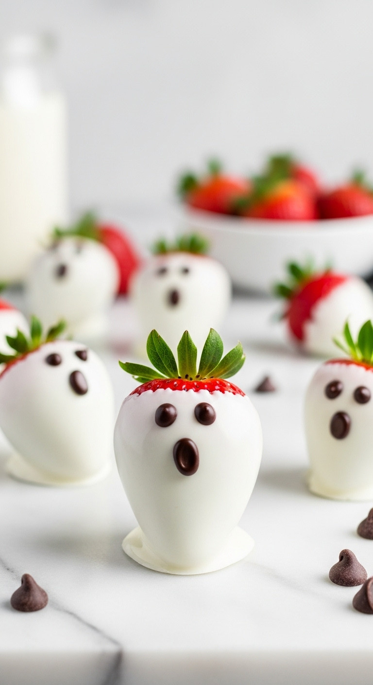 White Chocolate Strawberry Ghosts With Chocolate Chip Eyes And Mouth On A Marble Countertop