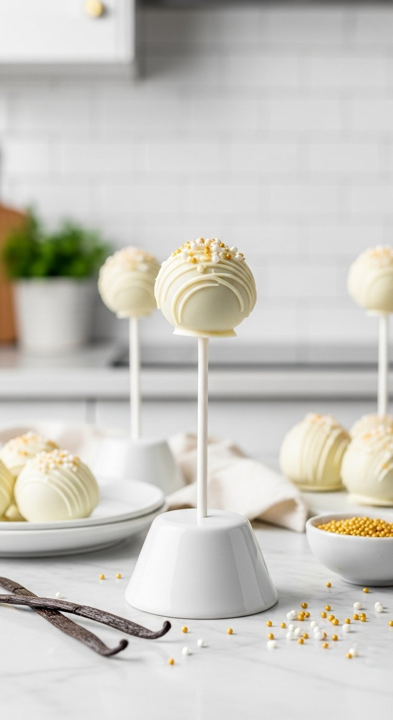 White Chocolate Vanilla Cake Pop With Gold Sprinkles On A White Stand Over A Light Marble Counter.