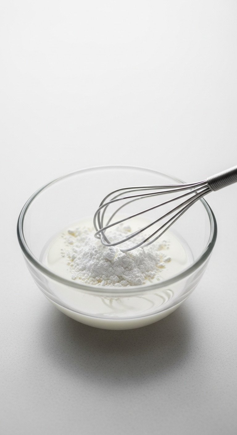 White Cornstarch Whisked Into Cold Milk, Creating A Smooth White Slurry In A Glass Bowl. Essential Recipe Thickening.