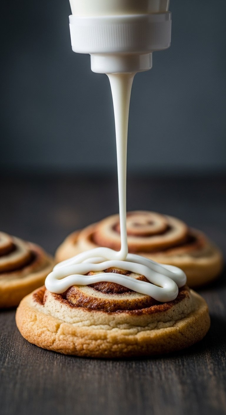 White Cream Cheese Frosting Being Drizzled Over A Golden Brown Cinnamon Roll Sugar Cookie On A Rustic Wooden Board.