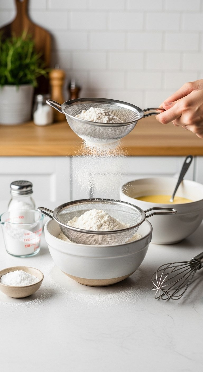White Flour And Baking Powder Being Sifted From A Fine Mesh Sieve Into A Ceramic Bowl On A Light Countertop.
