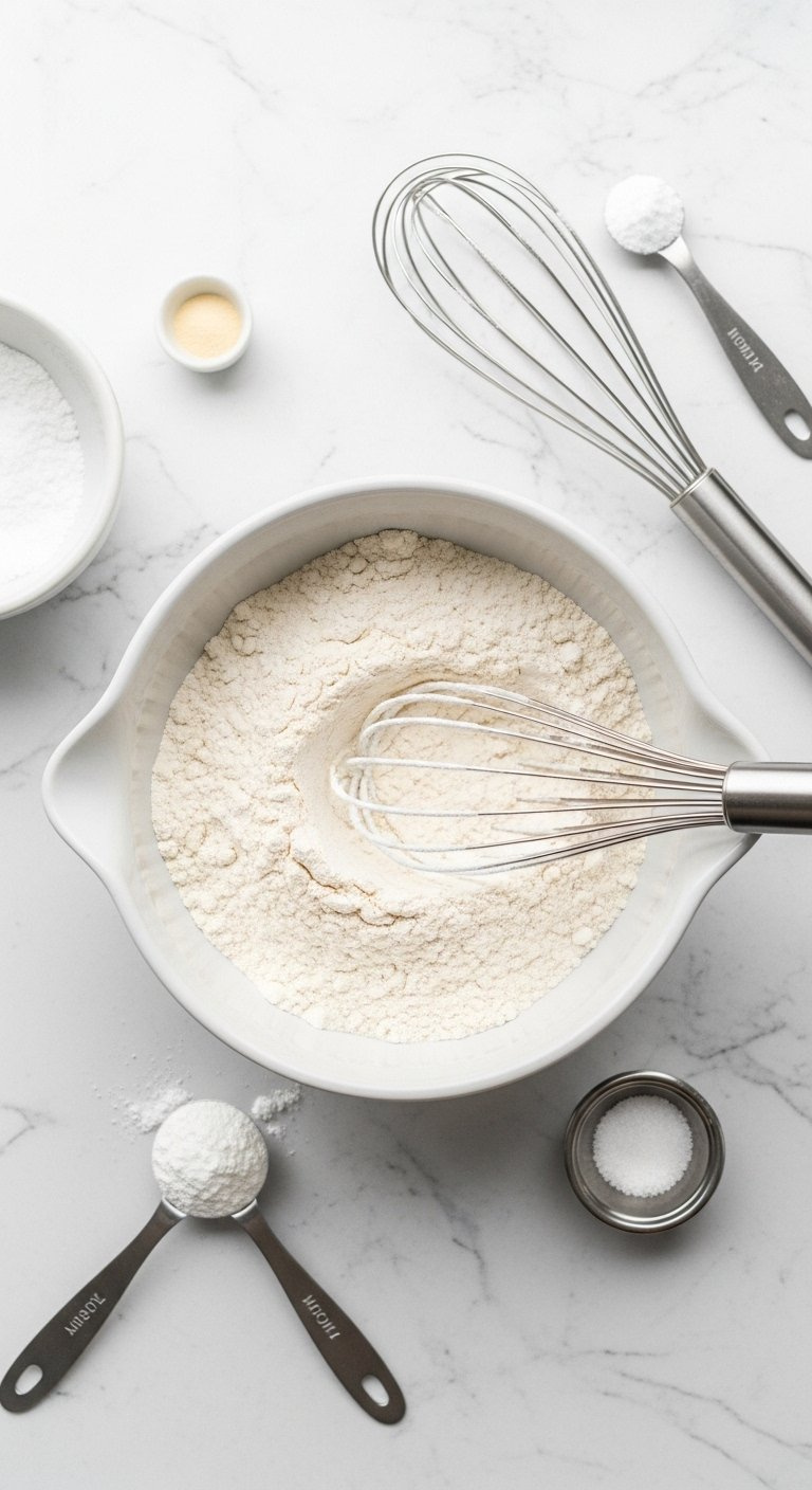 White Flour Baking Powder And Salt Dry Ingredients Being Whisked In A Ceramic Bowl.