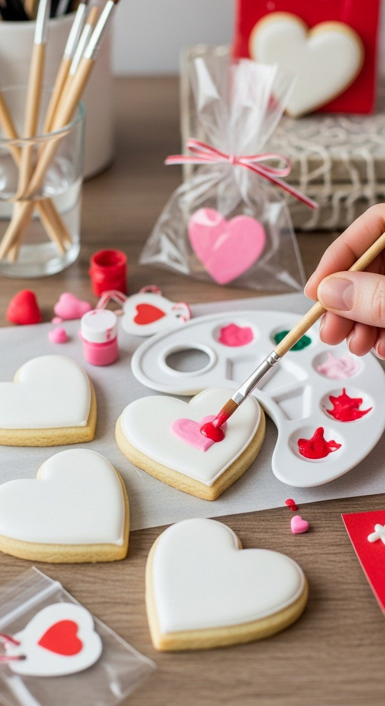 White-Frosted Heart Paint Cookies With Edible Pink And Red Food Colors On A Palette, Paintbrush Poised, Creative Activity.