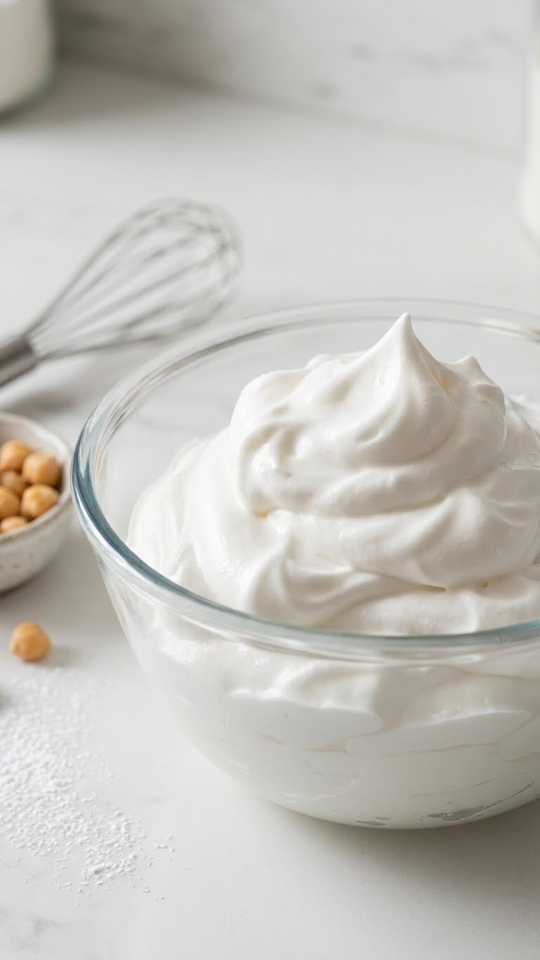 White, Glossy Aquafaba Foam, Stiff Vegan Meringue Peaks In A Glass Bowl On A White Kitchen Counter. Excellent Chickpea Liquid Egg Substitute.