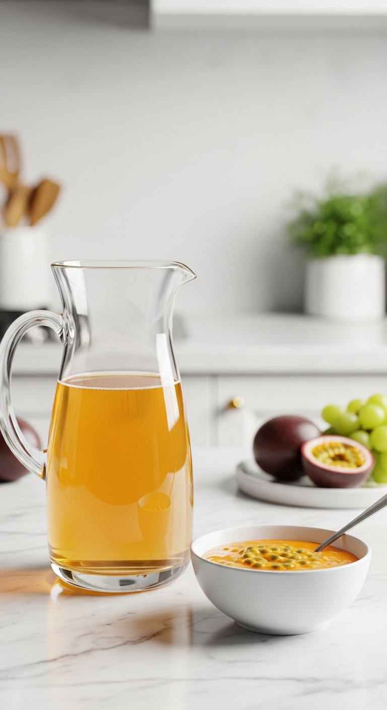 White Grape And Passion Fruit Juice Base In A Pitcher And Bowl With Fresh Fruits For A Starbucks Strawberry Acai Refresher Recipe