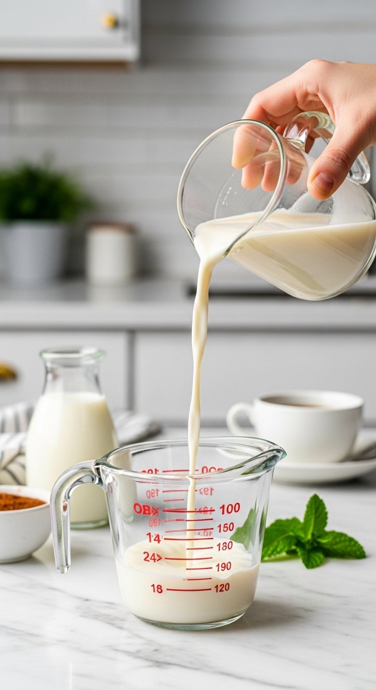 White Half And Half Splashing Into A Clear Measuring Cup On A White Marble Countertop.