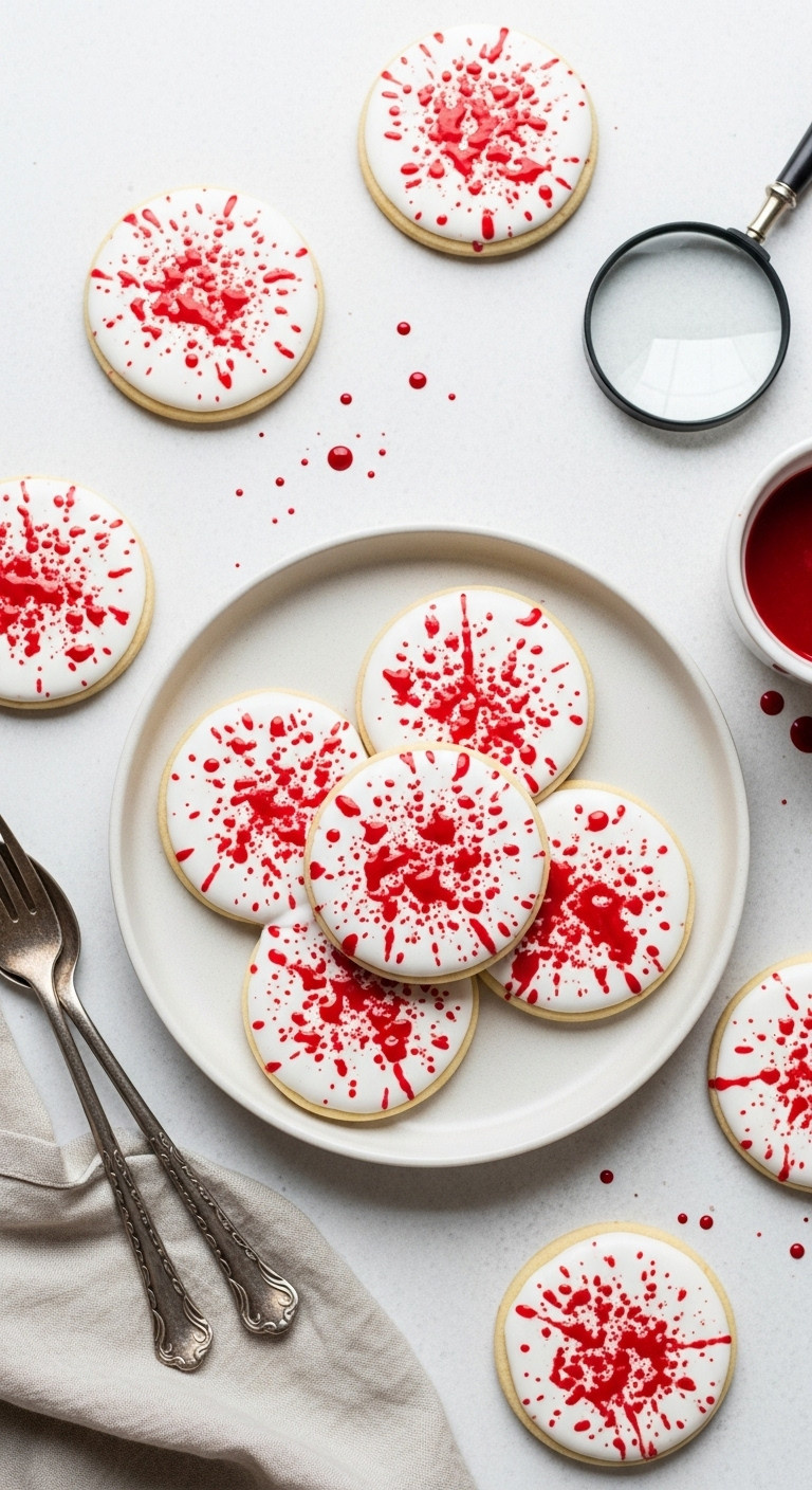 White-Iced Sugar Cookies With Realistic Red Blood Splatters On A Sterile White Plate, Surrounded By Metal Utensils. Gory Halloween Dessert.