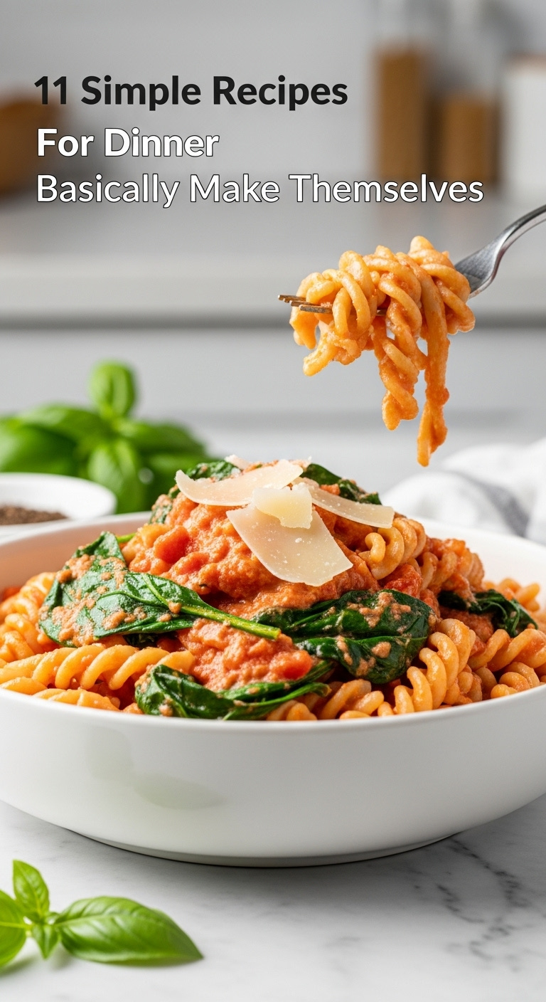 White Pasta Bowl Filled With Creamy Pink Tomato And Spinach Pasta Topped With Parmesan Cheese And Fresh Basil