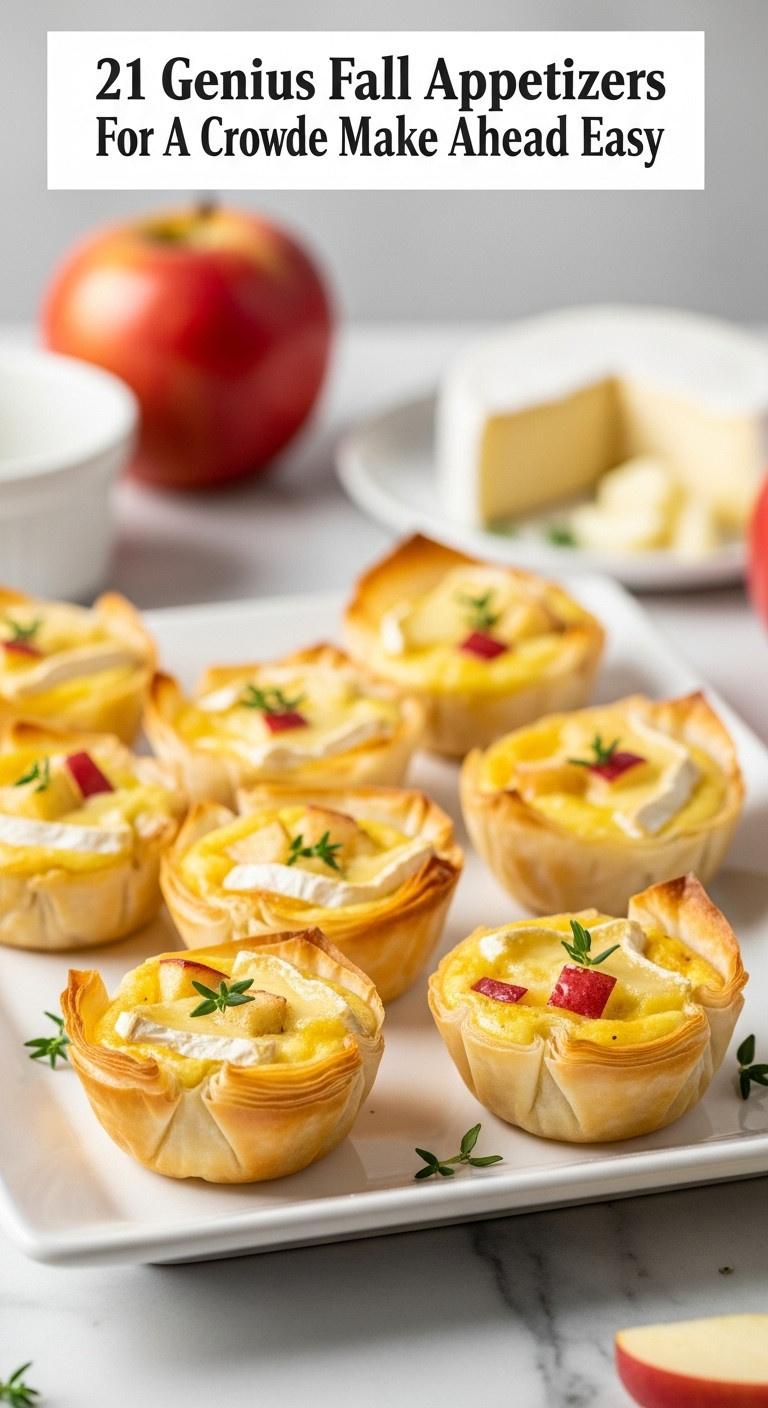 White Platter With Mini Brie And Apple Quiches In Flaky Phyllo Cups With Creamy Egg Filling And Thyme