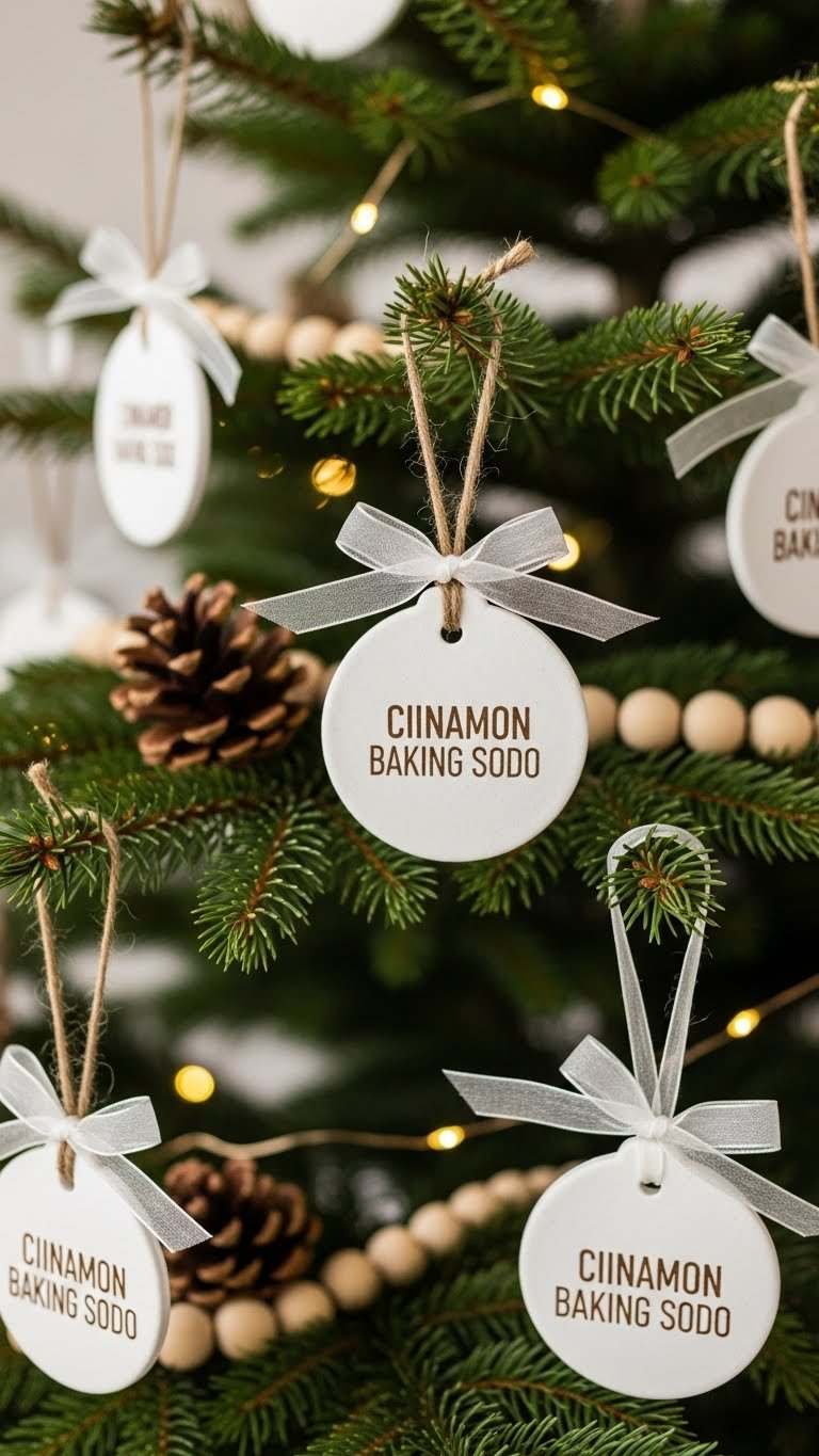 White Scented Cinnamon Baking Soda Ornaments Hanging On Minimalist Christmas Tree With Warm Golden Light.