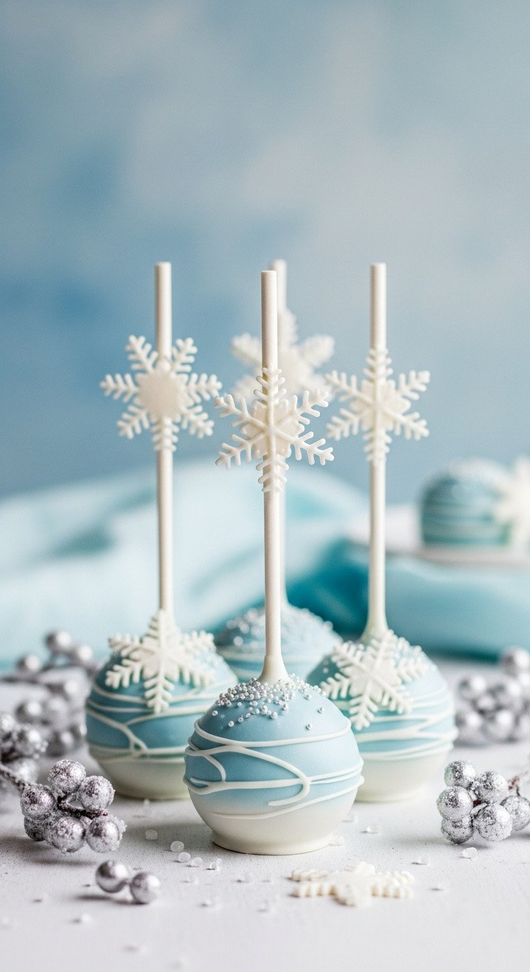 White Snowflake Cake Pops With Blue-White Marble Coating, Intricate Icing, Silver Crystals, Frosted Winter Berries.
