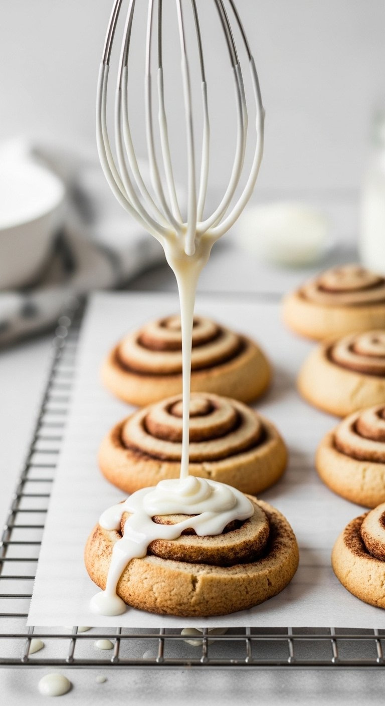 White Vanilla Glaze Drizzling From Whisk Onto Freshly Baked Cinnamon Roll Cookies On Rack.