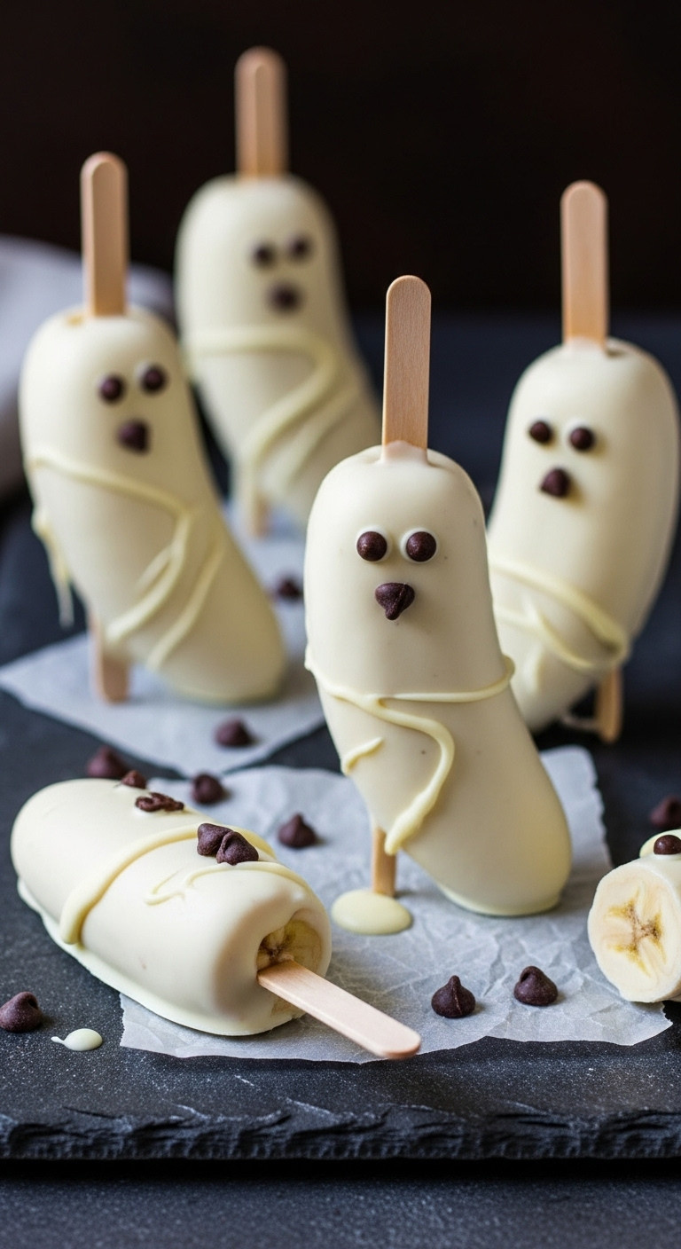 White Vegan Chocolate Ghost Banana Pops With Chocolate Chip Eyes On Sticks, Arranged On A Dark Stone Surface. Spooky Halloween Dessert.
