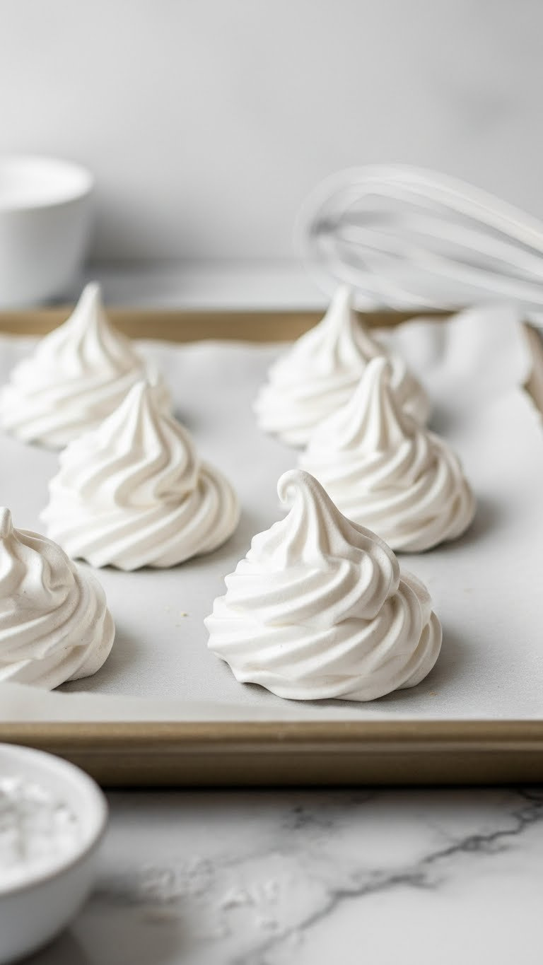 White Vegan Meringue Cookies With Fluffy Peaks, Golden Tips, On Parchment Paper. Marble Countertop, Powdered Sugar, Whisk. Bright, Airy Dessert.