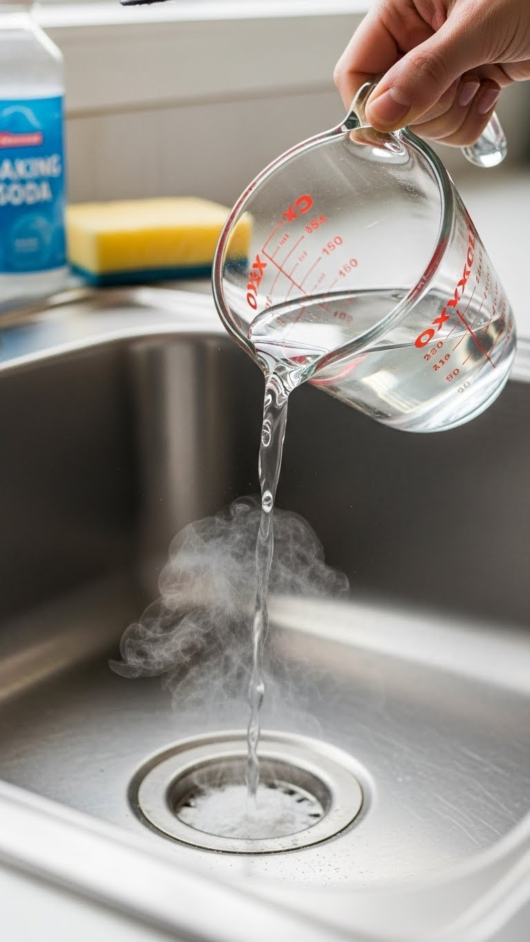 White Vinegar Pouring Into Baking Soda In Kitchen Sink Drain Creating Fizzing Chemical Reaction With Foam Rising