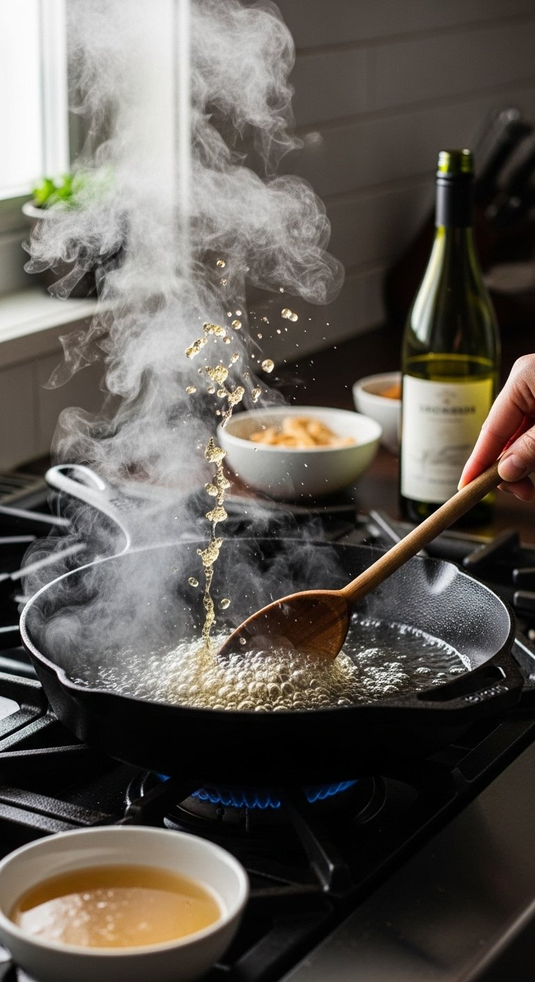 White Wine Splashing Into A Hot Cast Iron Skillet Creating Steam While A Wooden Spoon Scrapes Up Fond.